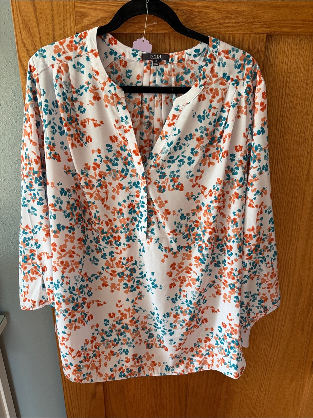 NYDJ White Floral Split-Neck Tunic with Teal & Coral Print